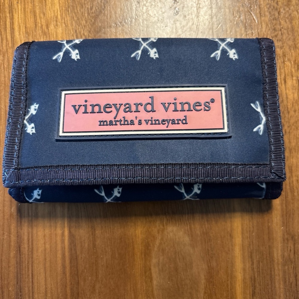 Vineyard Vines Navy Trifold Wallet with Pink Logo Patch